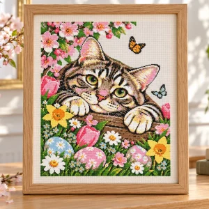 easter-cat-frame-mockup Illustrative framed mockup of the Easter tabby kitten cross stitch design
