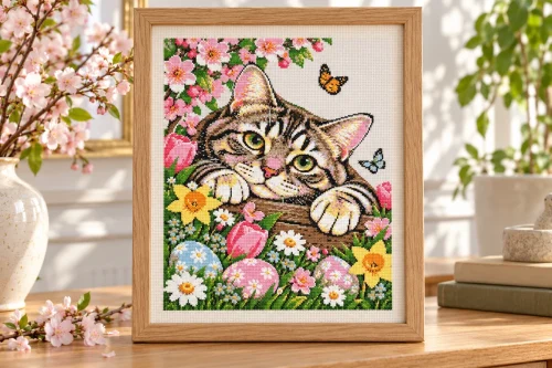 easter-cat-frame-mockup Illustrative framed mockup of the Easter tabby kitten cross stitch design