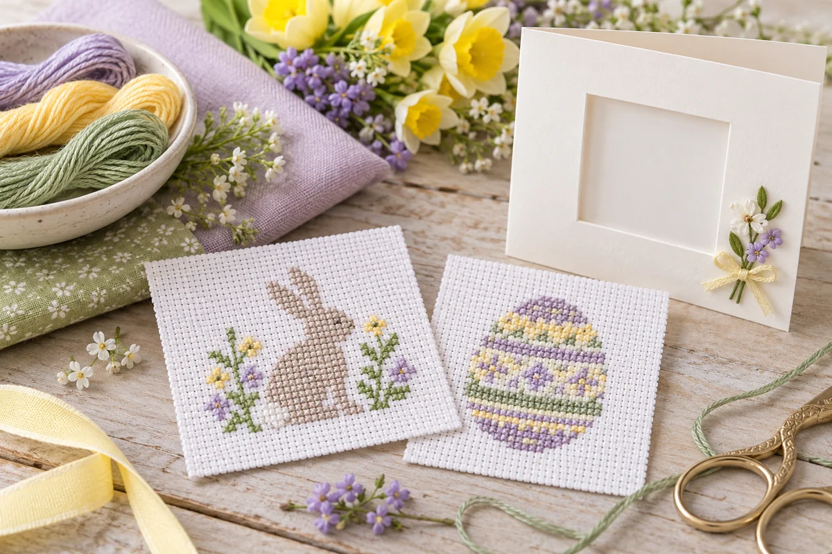 Easter Cross Stitch Patterns illustrated with original stitched motifs on Aida cloth