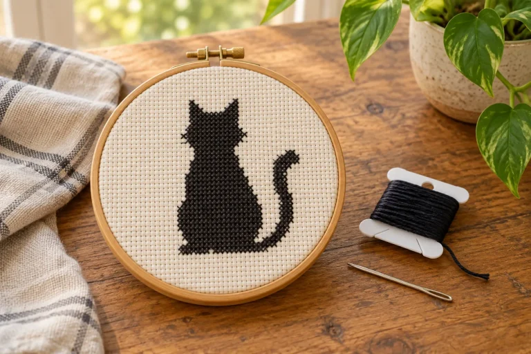 Easy Cat Cross Stitch Patterns: A Free Silhouette to Start Modern Cross Stitch Patterns & PDF Charts | XStitchPattern Illustration of a simple dark cat silhouette stitched in a hoop