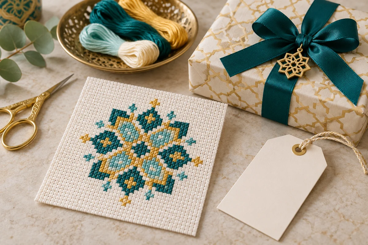 Eid Cross Stitch Patterns illustrated with original stitched motifs on Aida cloth