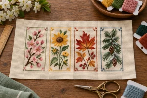 Four botanical seasonal motifs aligned on one piece of cream Aida with thread bobbins and a ruler