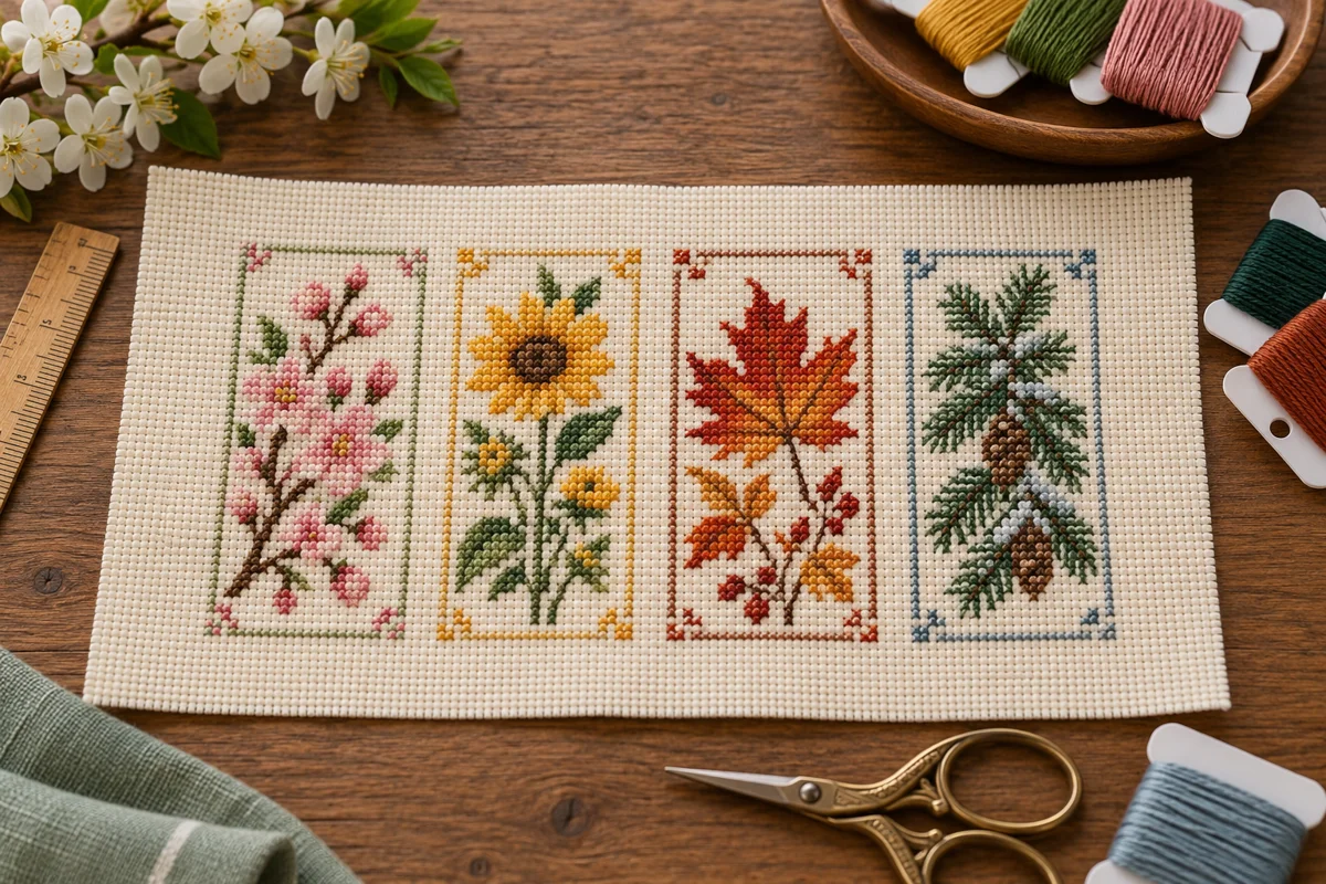 Four Seasons Cross Stitch Patterns: Keep a Multi-Panel Design Aligned Modern Cross Stitch Patterns & PDF Charts | XStitchPattern Four botanical seasonal motifs aligned on one piece of cream Aida with thread bobbins and a ruler