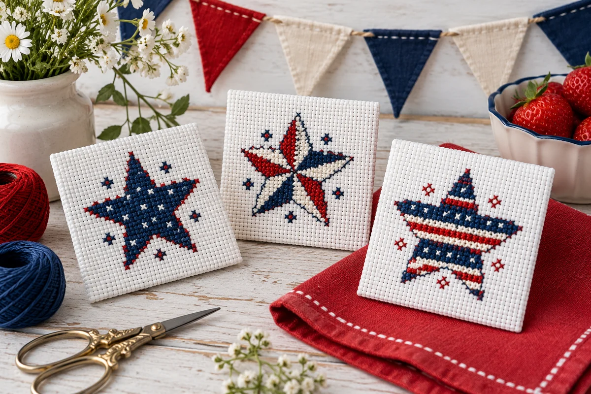 Fourth of July Cross Stitch Patterns: Stars and Summer Keepsakes Modern Cross Stitch Patterns & PDF Charts | XStitchPattern Fourth of July Cross Stitch Patterns illustrated with original stitched motifs on Aida cloth