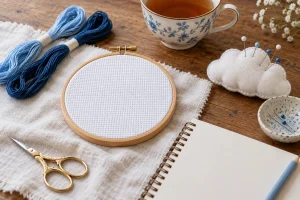 Blank Aida hoop with blue cotton, a teacup and cloud-shaped pincushion
