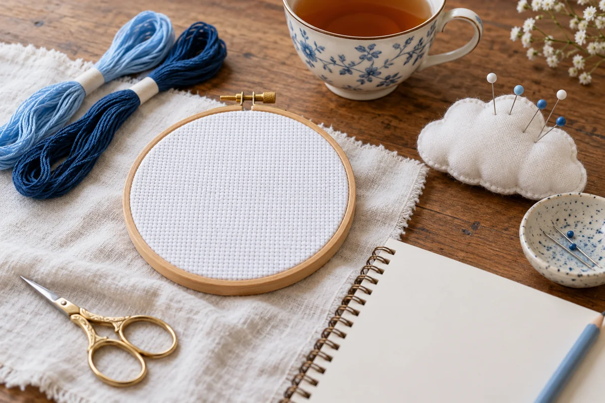 Free Cross Stitch Charts: Rain Cloud and Teacup Motifs Modern Cross Stitch Patterns & PDF Charts | XStitchPattern Blank Aida hoop with blue cotton, a teacup and cloud-shaped pincushion