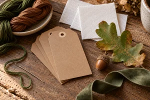 Aida offcuts, kraft gift tags, green and brown cotton, an oak leaf and an acorn
