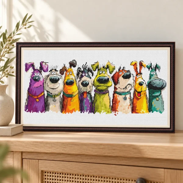 Display mockup of the eight colorful dogs cross stitch design on an oak console