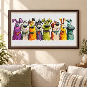 Display mockup of the framed funny dogs design above a light sofa