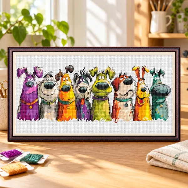 Display mockup of the funny dogs cross stitch design on a craft desk