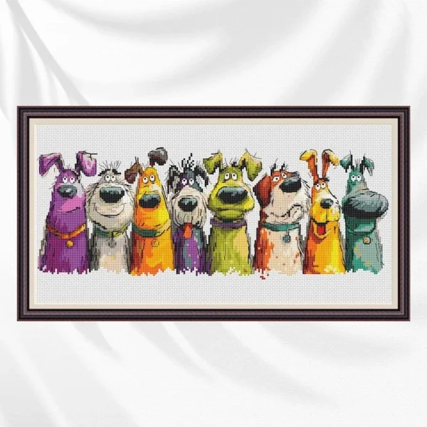 Funny Dogs cross stitch design showing eight colorful cartoon dogs in a framed horizontal lineup