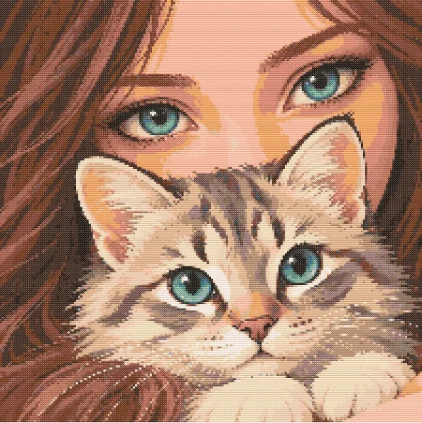 girl-kitten-actual-pdf-preview Actual 200 by 200 stitch PDF preview of the girl and kitten portrait in the chart palette