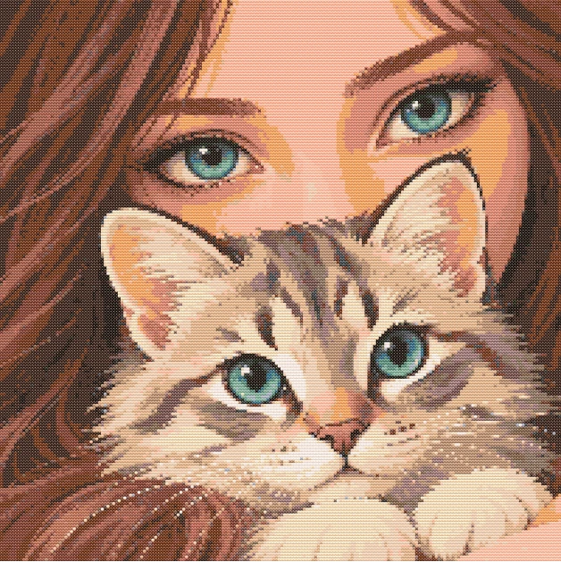 Actual 200 by 200 stitch PDF preview of the girl and kitten portrait in the chart palette