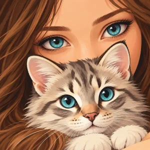 girl-kitten-artwork Original digital artwork reference showing a girl with blue eyes holding a blue-eyed tabby kitten