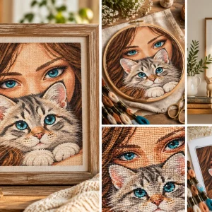 girl-kitten-collage Illustrative collage of the girl and kitten cross stitch portrait in a frame and hoop