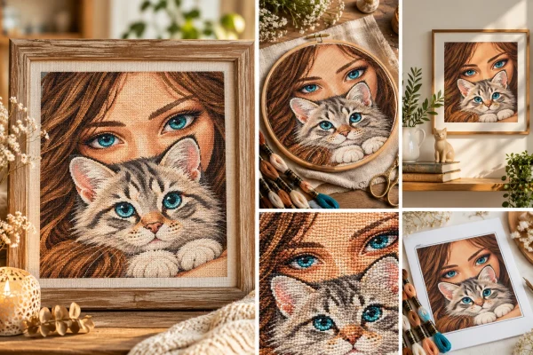 girl-kitten-collage Illustrative collage of the girl and kitten cross stitch portrait in a frame and hoop