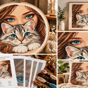 girl-kitten-collection Illustrative collection showing hoop, frame, cushion and PDF presentation for the girl and kitten pattern