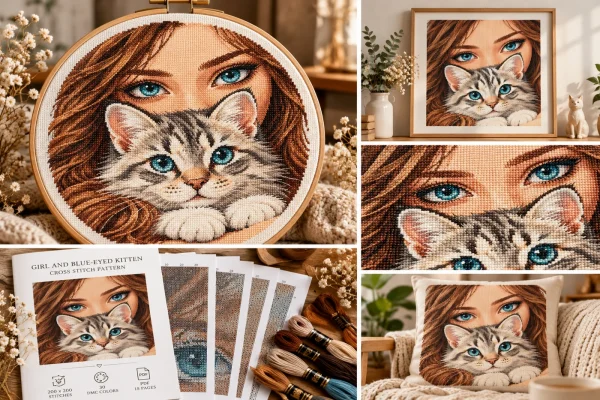 girl-kitten-collection Illustrative collection showing hoop, frame, cushion and PDF presentation for the girl and kitten pattern