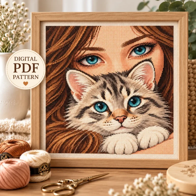 Illustrative framed mockup of the girl and blue-eyed kitten cross stitch portrait