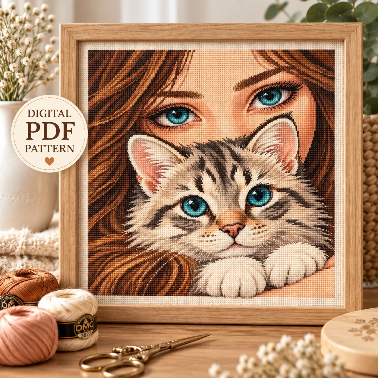 Illustrative framed mockup of the girl and blue-eyed kitten cross stitch portrait