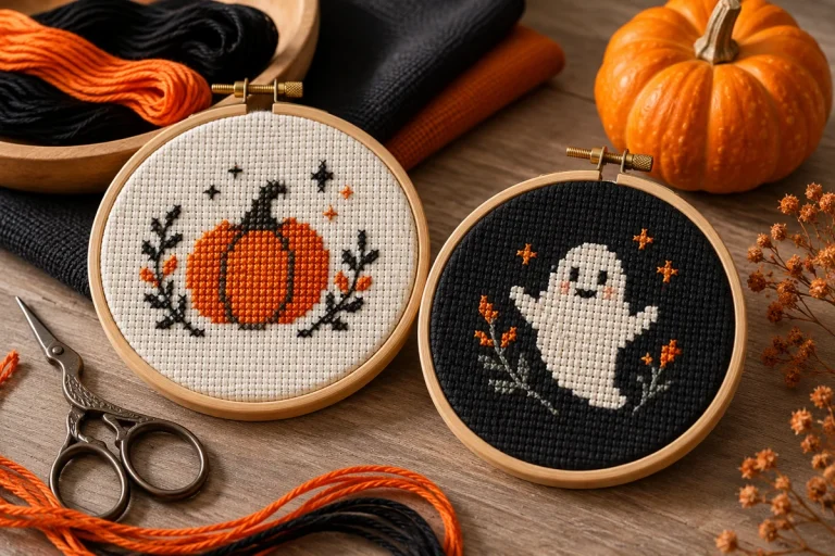 Halloween Cross Stitch Patterns: Small Projects and Dark-Fabric Tips Modern Cross Stitch Patterns & PDF Charts | XStitchPattern Halloween Cross Stitch Patterns illustrated with original stitched motifs on Aida cloth