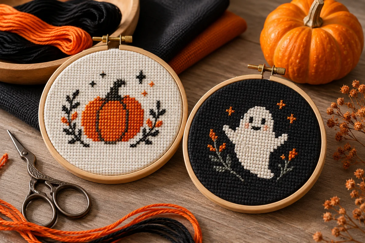 Halloween Cross Stitch Patterns: Small Projects and Dark-Fabric Tips Modern Cross Stitch Patterns & PDF Charts | XStitchPattern Halloween Cross Stitch Patterns illustrated with original stitched motifs on Aida cloth