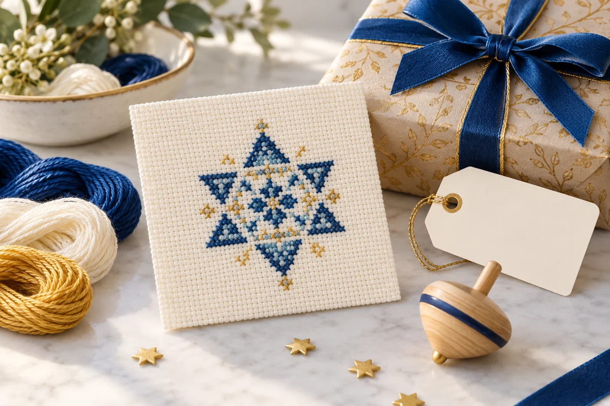 Hanukkah Cross Stitch Patterns illustrated with original stitched motifs on Aida cloth