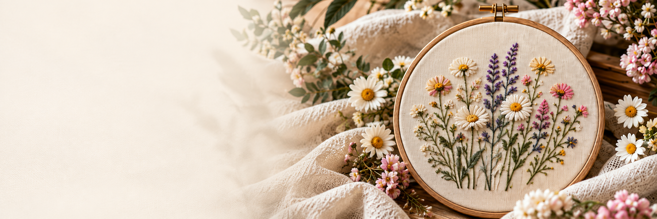 Floral cross stitch collection illustration with embroidery hoops and thread