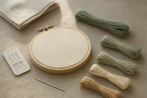 Editorial still life of embroidery hoop with Aida fabric and sewing supplies arranged on a linen tabletop in soft natural light.