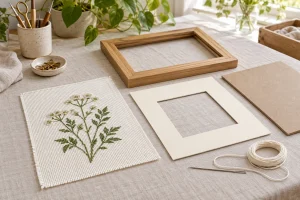 Illustration of a stitched botanical textile with separate framing materials
