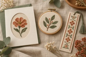 Illustration of mini cross stitch finishes in a card, hoop and bookmark