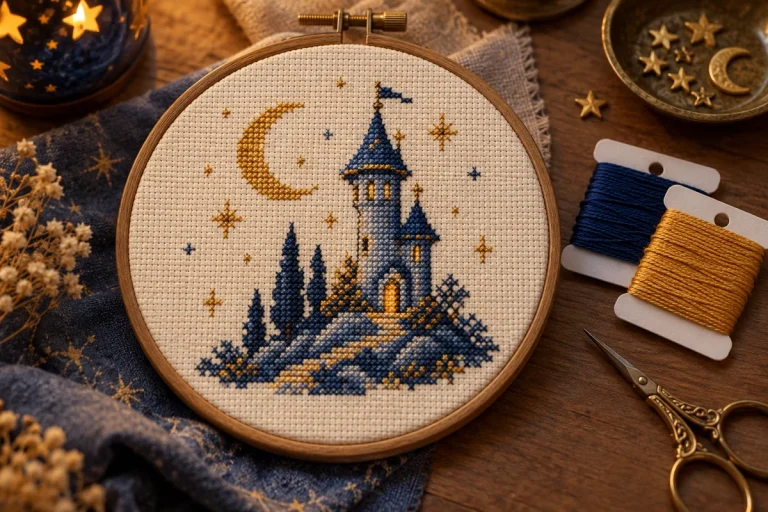 Illustrated blue and gold fantasy tower beneath a crescent moon stitched on cream Aida in a hoop