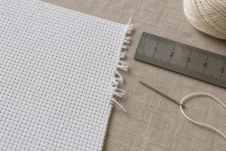 How to Stop Aida Cloth From Fraying When the Edges Are Already Unraveling Modern Cross Stitch Patterns & PDF Charts | XStitchPattern Frayed Aida edge beside a ruler showing the intact fabric margin