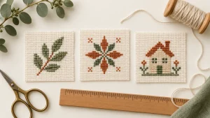 Illustration of small leaf, star and house cross stitch designs on Aida