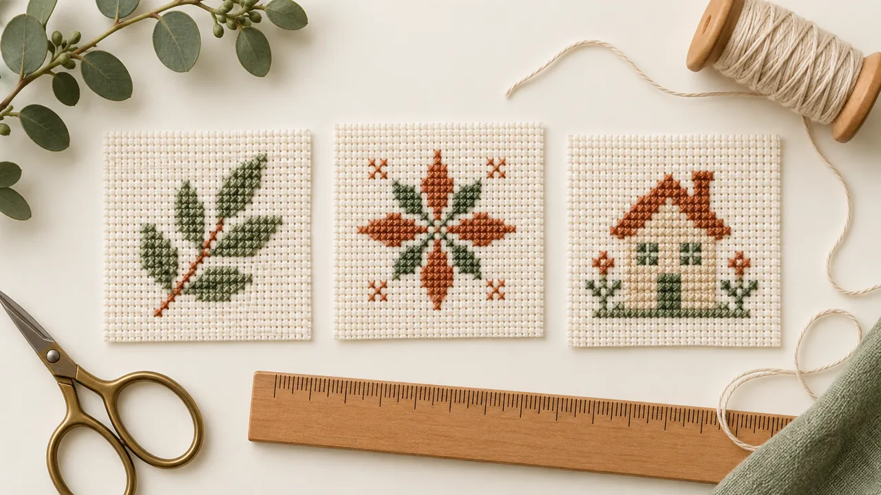 Illustration of small leaf, star and house cross stitch designs on Aida