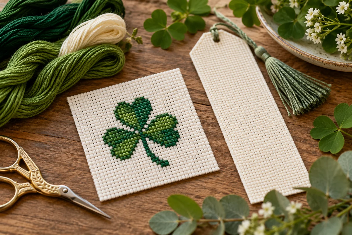 St Patrick's Day Cross Stitch Patterns illustrated with original stitched motifs on Aida cloth