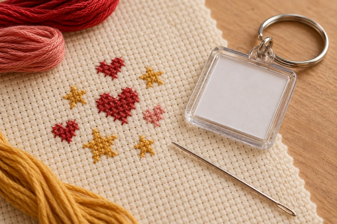 Illustration of tiny heart and star motifs beside a keyring insert