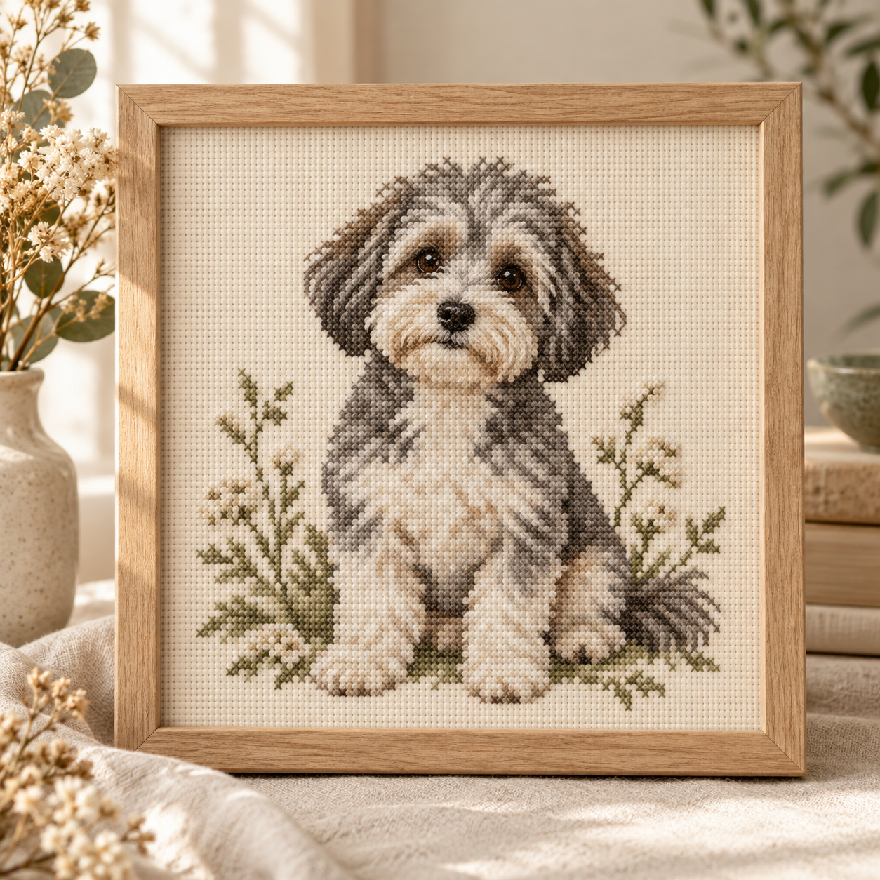 Framed cross stitch illustration of a grey and white dog for Animals patterns