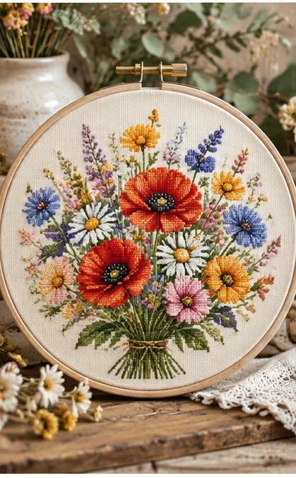 Colorful wildflower cross stitch design displayed in an embroidery hoop