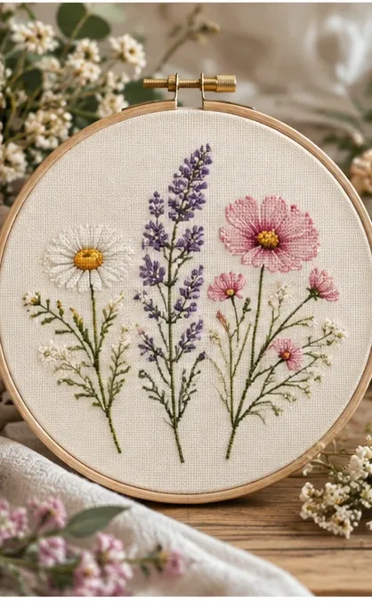 Wildflower cross stitch design displayed in an embroidery hoop