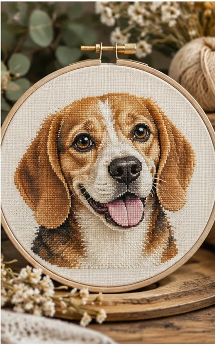 Dog portrait cross stitch design displayed in an embroidery hoop