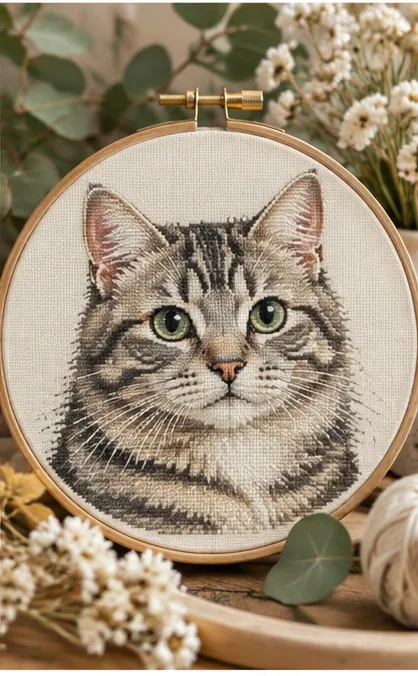 Cat portrait cross stitch design displayed in an embroidery hoop
