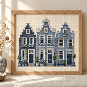 Framed travel-themed cross stitch illustration