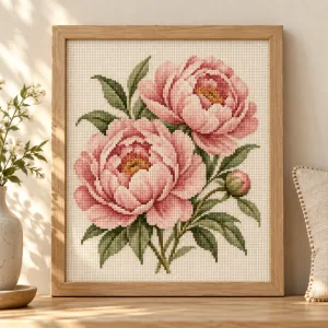 Framed floral cross stitch illustration