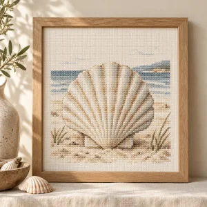 Framed ocean and coastal cross stitch illustration