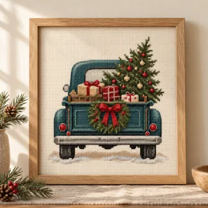 Framed seasonal and holiday cross stitch illustration