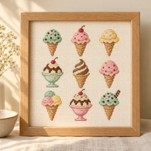 Framed food and drink cross stitch illustration