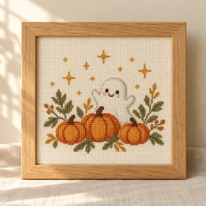 Framed cross-stitch illustration of a smiling ghost with pumpkins and flowers