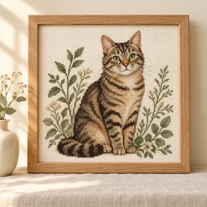 Framed cross-stitch illustration of a cat with leafy branches